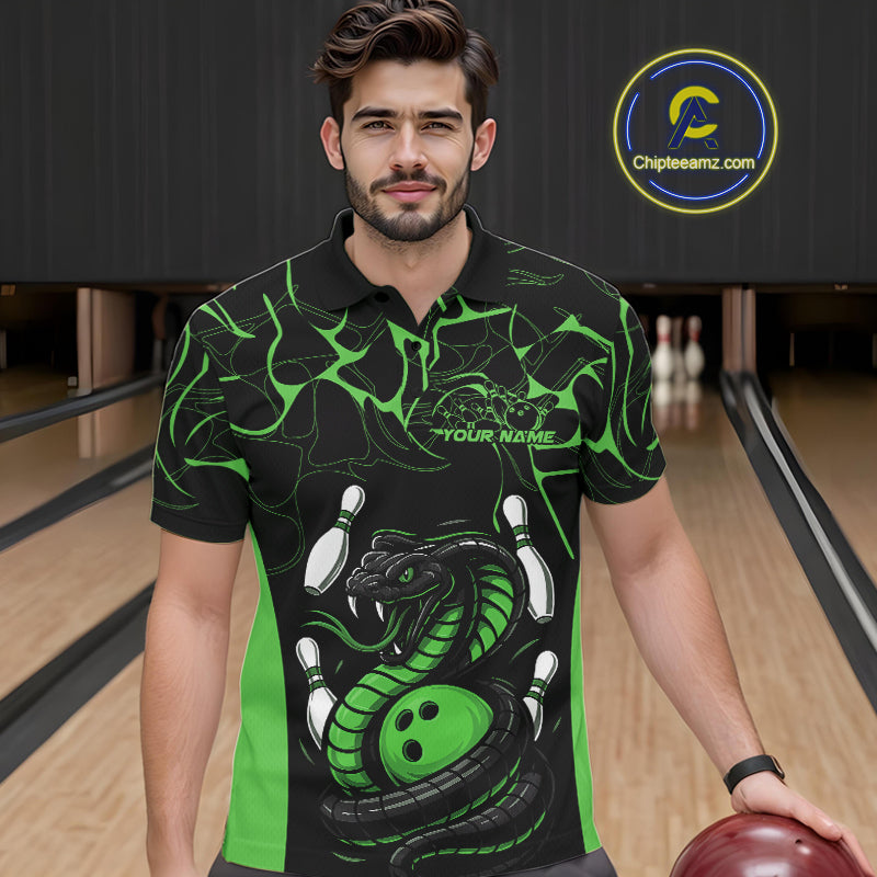 Custom Black And Green Cobra Snake Bowling Jerseys, Bowling Team Men Polo Shirts IPHW9039