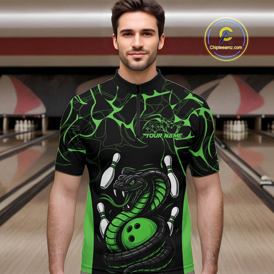 Custom Black And Green Cobra Snake Bowling Jerseys, Bowling Team Men Quarter-Zip Shirts IPHW9039