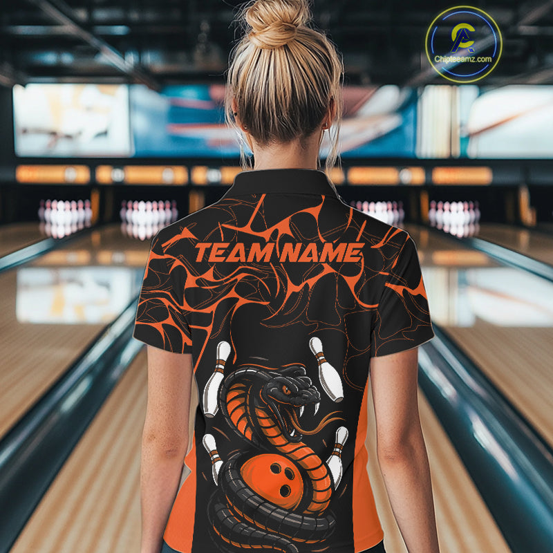 Custom Black And Orange Cobra Snake Bowling Jerseys, Bowling Team Women Polo Shirts IPHW9040