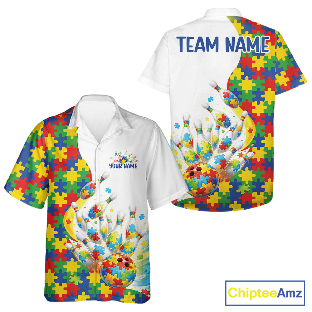 Button-up bowling shirt mockup displaying colorful autism-themed bowling strikes with puzzle-inspired artwork in a bold and vibrant composition