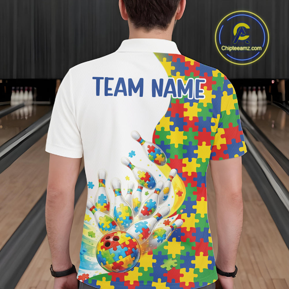 Male model at a bowling lane, back view of white polo shirt showcasing autism-themed bowling strikes with colorful puzzle graphics