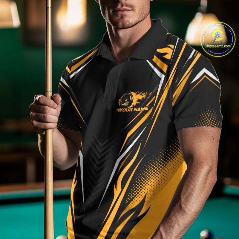 Custom Black And Yellow Flame Angry 8 Ball Billiards Jerseys Polo Shirt For Men IPHW11783