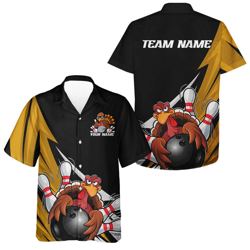 Black And Yellow Custom Funny Turkey Bowling Kid Hawaiian Shirt, Thanksgiving Bowling Outfit IPHW7876