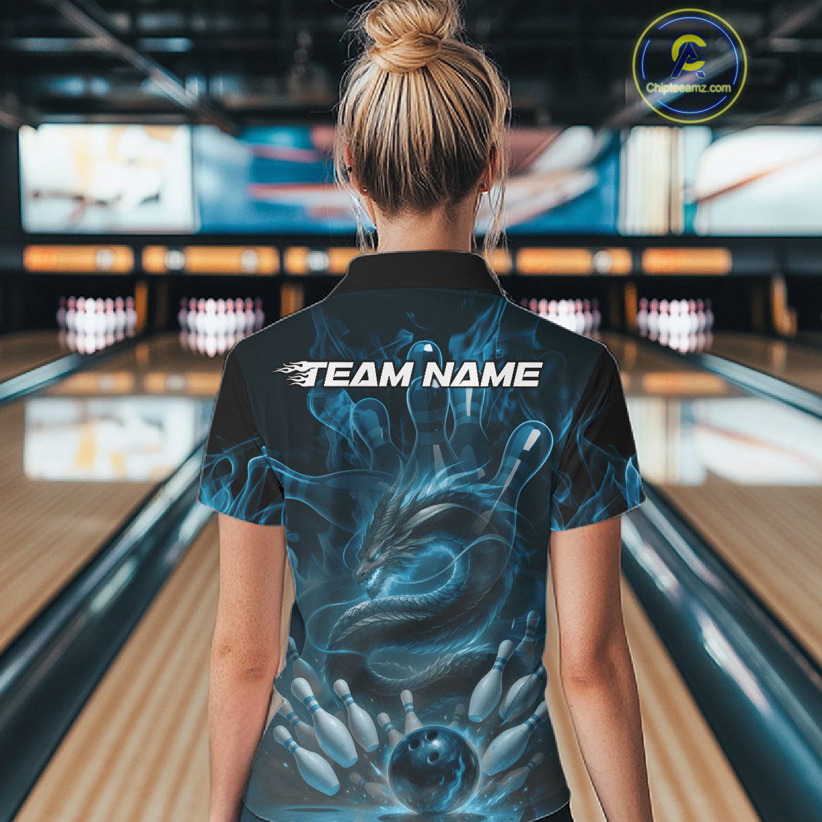 Custom Blue Flame Dragon Bowling Women Polo Shirts, Dragon Bowling League Shirt IPHW10224