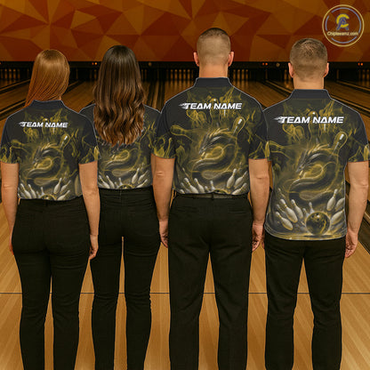 Custom Yellow Flame Dragon Bowling Men Polo Shirts, Dragon Bowling League Shirt IPHW10225
