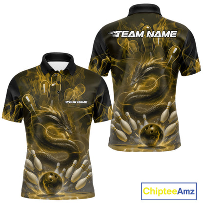 Custom Yellow Flame Dragon Bowling Men Polo Shirts, Dragon Bowling League Shirt IPHW10225