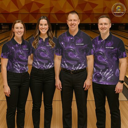 Custom Purple Flame Dragon Bowling Men Polo Shirts, Dragon Bowling League Shirt IPHW10227