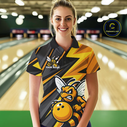 Custom Black And Yellow Bee Bowling Polo Shirts For Women, Bowling Team Uniform IPHW9046