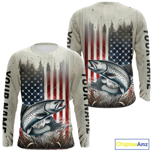 Custom Patriotic US Flag  Speckled Trout Long Sleeve Fishing Shirts, Trout Fishing Jerseys IPHW9295