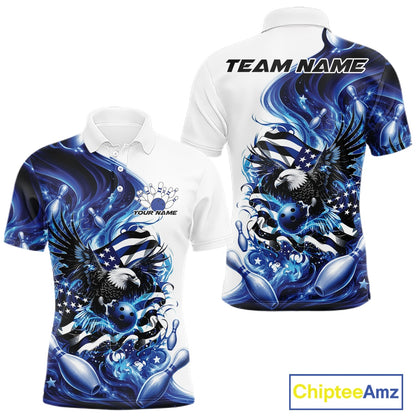 Front and back white and blue men’s bowling polo shirt mockup with eagle artwork, bowling elements, and flowing American flag inspired graphics.