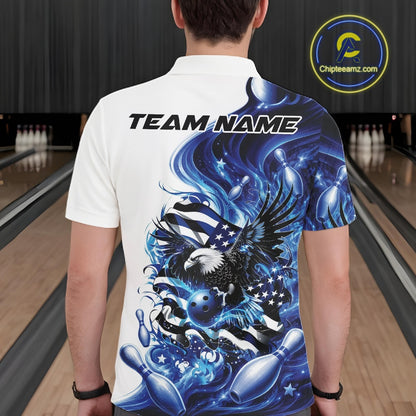 Male model back view in a bowling lane wearing a white and blue bowling polo shirt with eagle graphics and flowing flag inspired artwork.