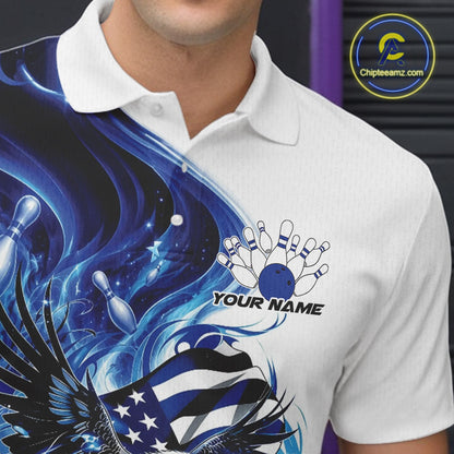 Left chest close up of a white and blue bowling polo shirt with eagle artwork, bowling elements, and flowing American flag inspired accents.