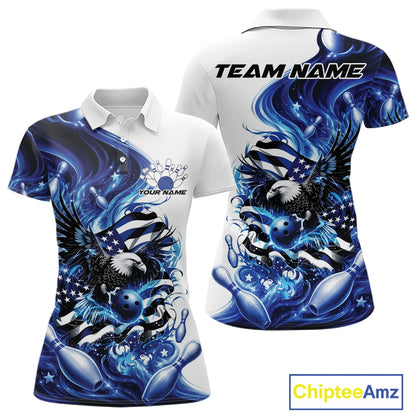 Front and back white and blue women’s polo shirt mockup featuring eagle artwork, bowling elements, and flowing American flag inspired accents.