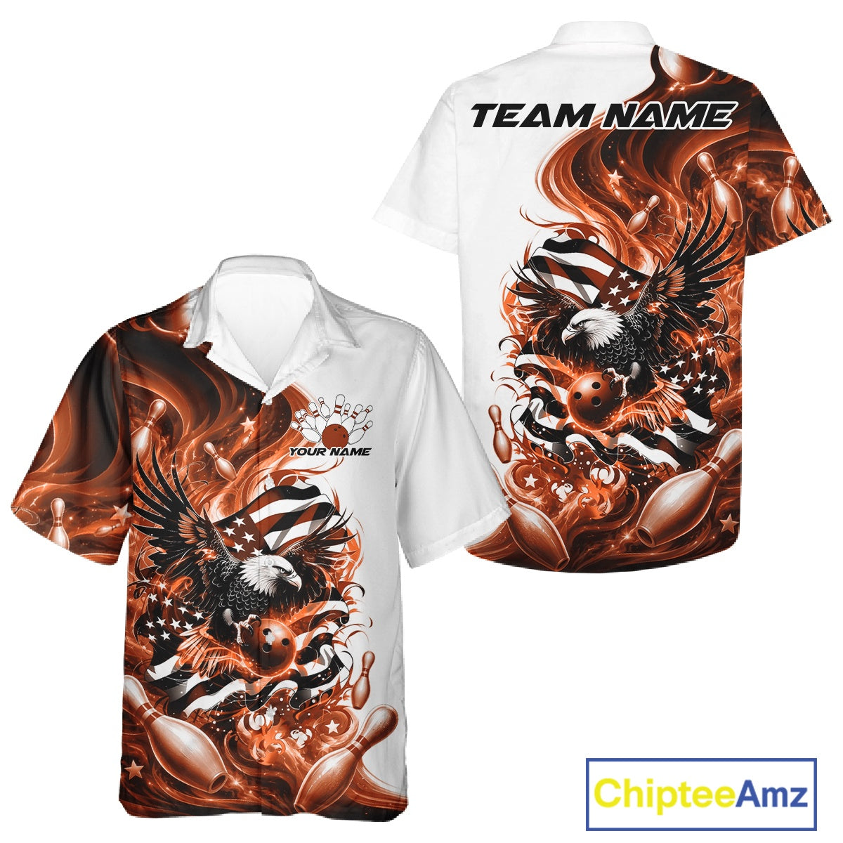 Front and back white and orange button up bowling shirt mockup with eagle graphics, bowling details, and flowing American flag inspired artwork.
