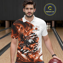 Load image into Gallery viewer, Male model front view at a bowling lane wearing a white and orange bowling polo shirt with eagle graphics and flowing flag inspired accents.