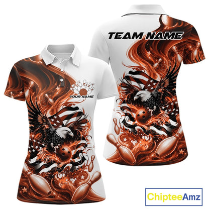 White and orange women’s polo shirt mockup shown front and back with eagle graphics, bowling elements, and flowing flag inspired artwork.