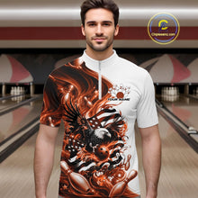 Load image into Gallery viewer, Front view of a male model in a bowling lane wearing a white and orange quarter zip shirt with eagle graphics and flowing flag inspired artwork.