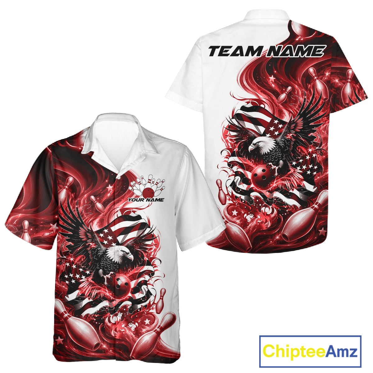 White and red button up bowling shirt shown front and back with eagle artwork integrated into bowling elements and flowing American flag inspired graphics.