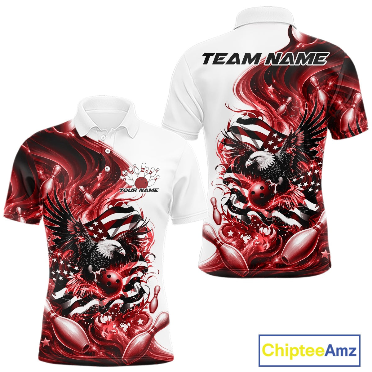 White and red men’s bowling polo shirt mockup shown front and back with eagle graphics, bowling elements, and flowing flag inspired artwork.