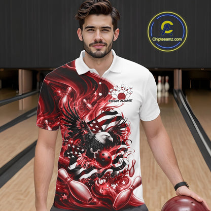 Front view of a male model in a bowling lane wearing a white and red bowling polo shirt with eagle artwork and flowing flag inspired graphics.