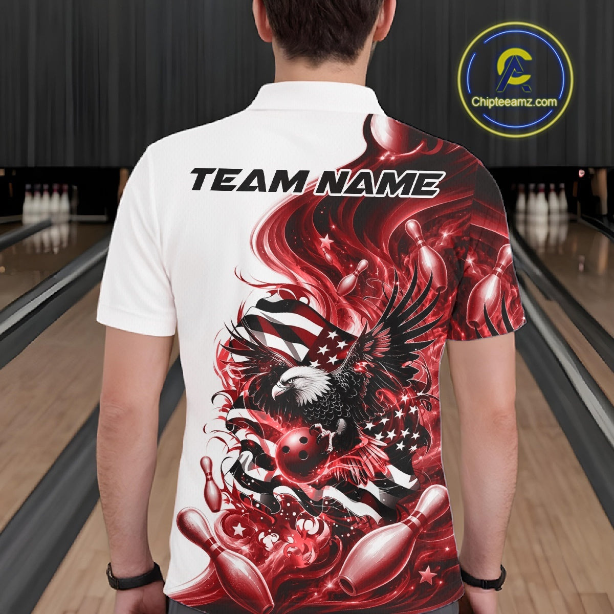 Back view male model at a bowling lane wearing a white and red bowling polo shirt with eagle artwork and flowing flag inspired graphics.