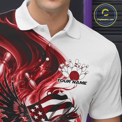 Left chest close up of a white and red bowling polo shirt featuring eagle artwork, bowling elements, and flowing American flag inspired accents.