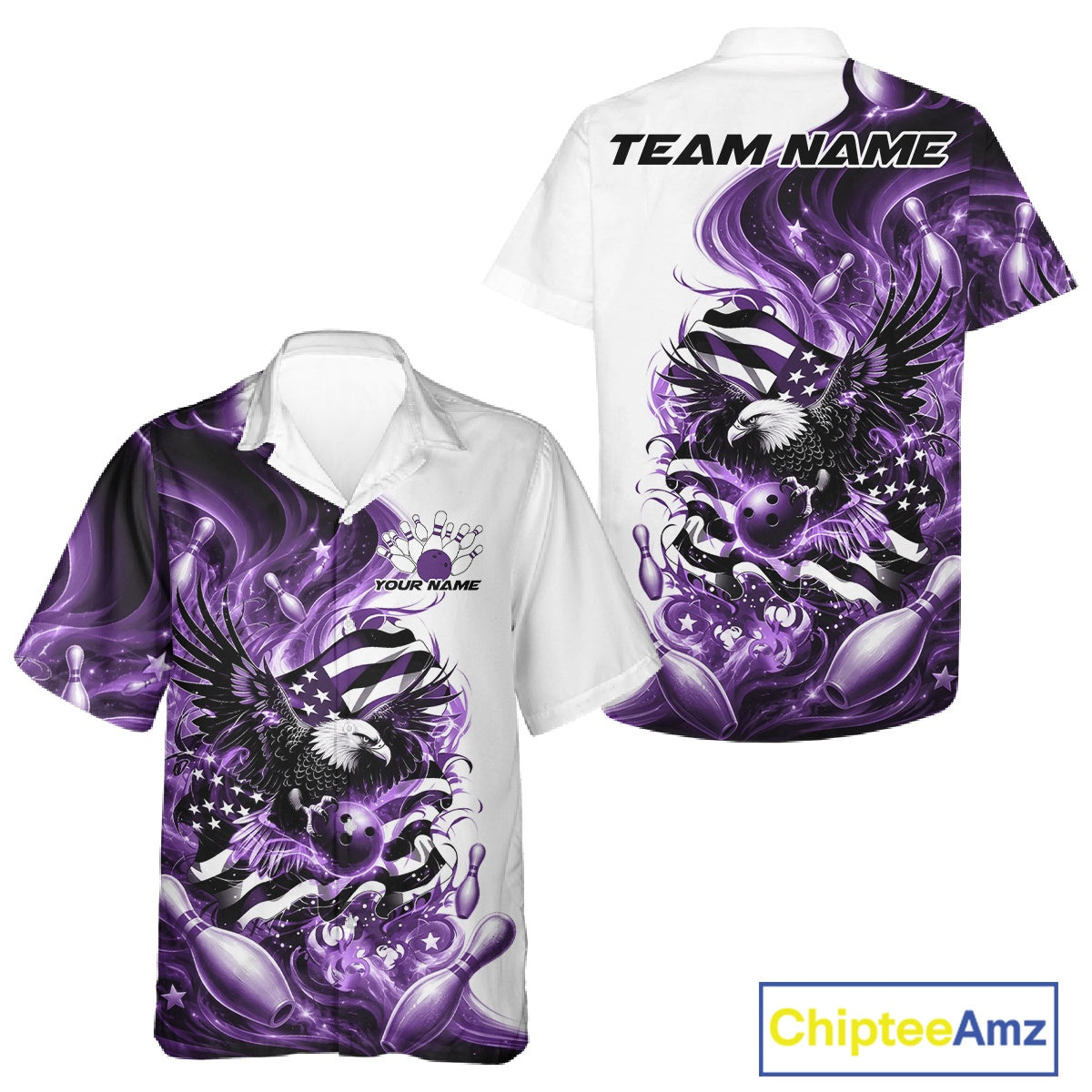 Front and back white and purple button up bowling shirt mockup featuring eagle artwork, bowling elements, and flowing American flag inspired accents.