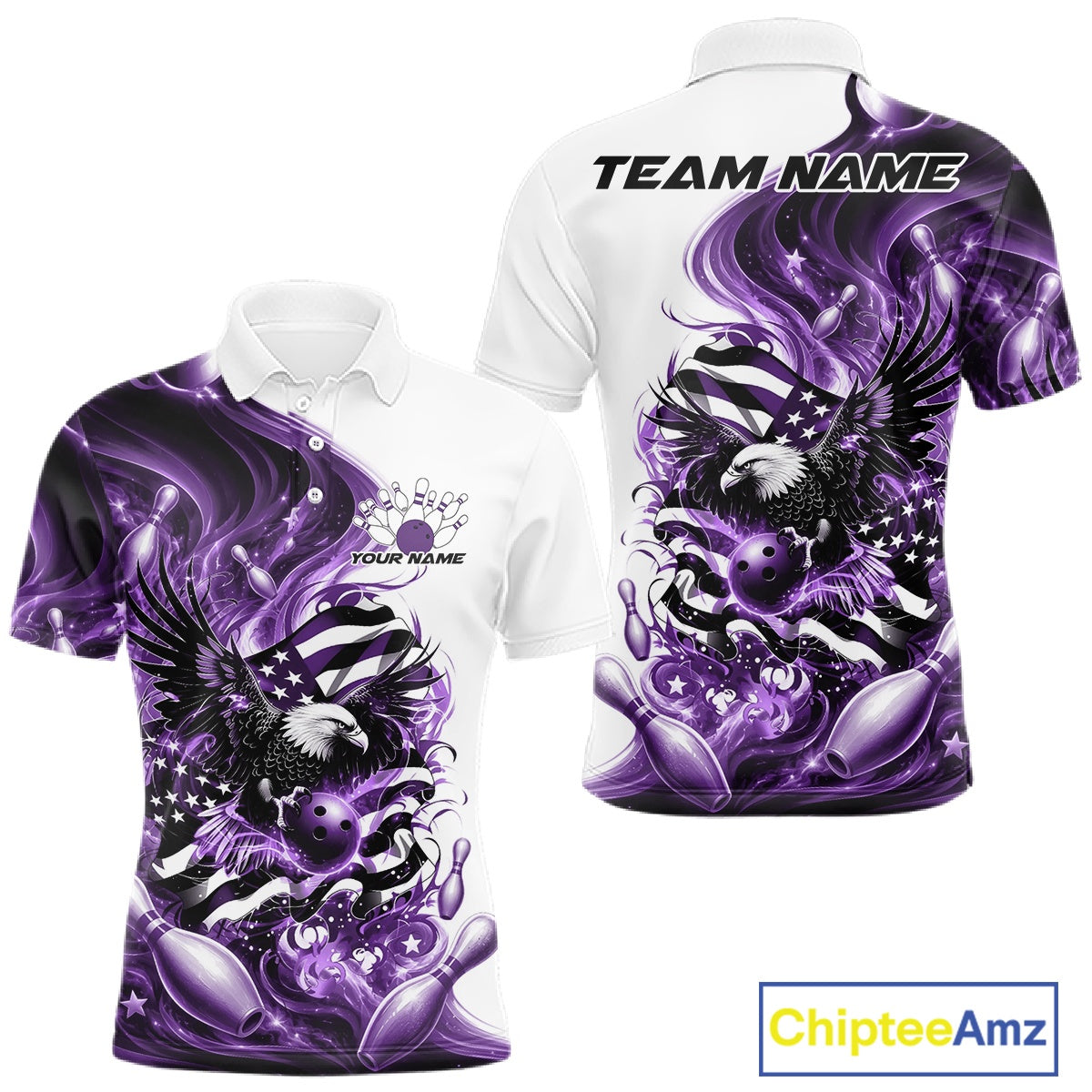 Front and back white and purple men’s bowling polo shirt mockup featuring eagle graphics, bowling elements, and flowing flag inspired artwork.