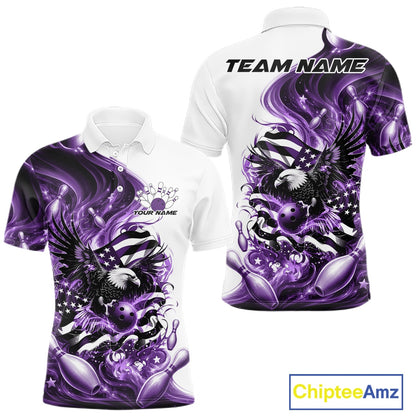 Front and back white and purple men’s bowling polo shirt mockup featuring eagle graphics, bowling elements, and flowing flag inspired artwork.