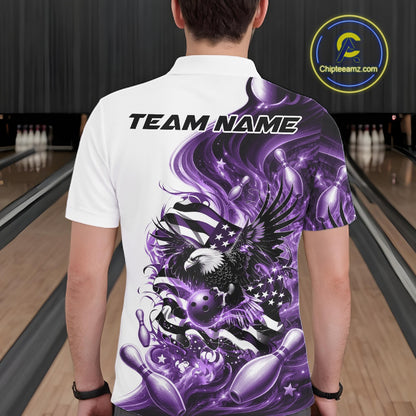 Back view of a male model at a bowling lane wearing a white and purple bowling polo shirt with eagle and flag inspired artwork.