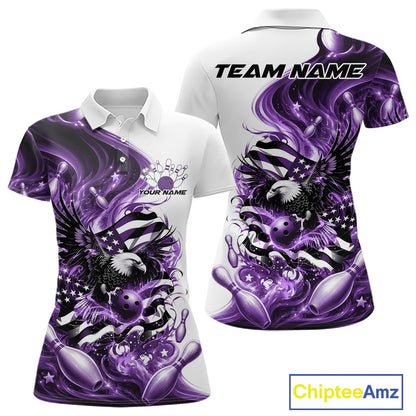 Front and back white and purple women’s polo shirt mockup with eagle graphics, bowling elements, and flowing American flag inspired accents.