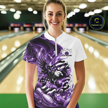Load image into Gallery viewer, Front view female model in a bowling lane wearing a white and purple bowling quarter zip shirt with eagle graphics and flag inspired artwork.