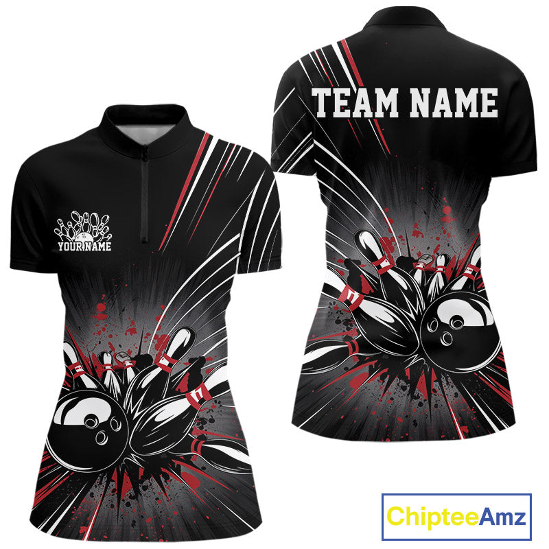 Custom Black And Red Grunge Bowling Team Jerseys, Women Bowling Quarter-Zip Shirts IPHW9620