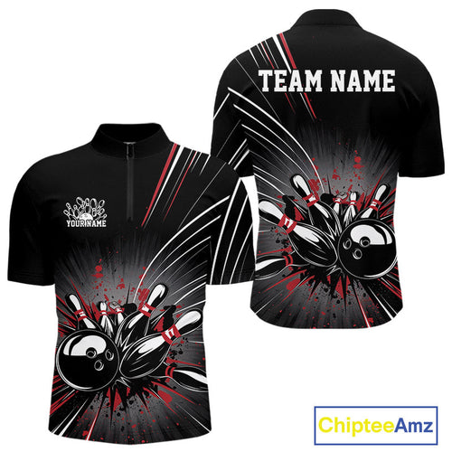 Custom Black And Red Grunge Bowling Team Jerseys, Men Bowling Quarter-Zip Shirts IPHW9620