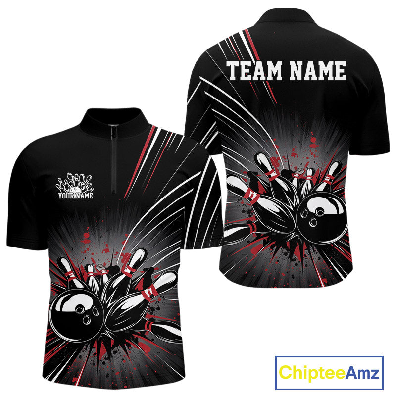 Custom Black And Red Grunge Bowling Team Jerseys, Men Bowling Quarter-Zip Shirts IPHW9620