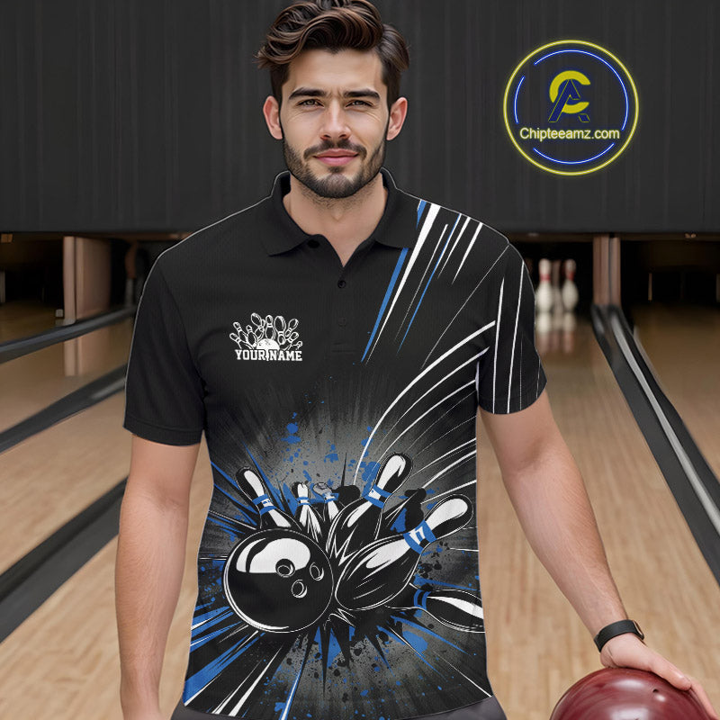 Custom Black And Blue Grunge Bowling Team Jerseys, Men Bowling Polo Shirts IPHW9621