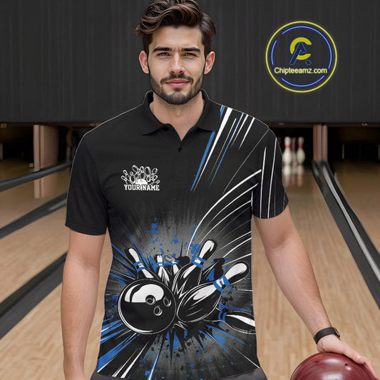 Custom Black And Blue Grunge Bowling Team Jerseys, Men Bowling Polo Shirts IPHW9621