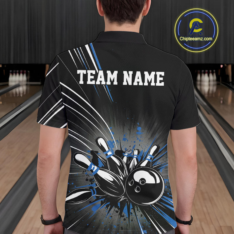 Custom Black And Blue Grunge Bowling Team Jerseys, Men Bowling Polo Shirts IPHW9621