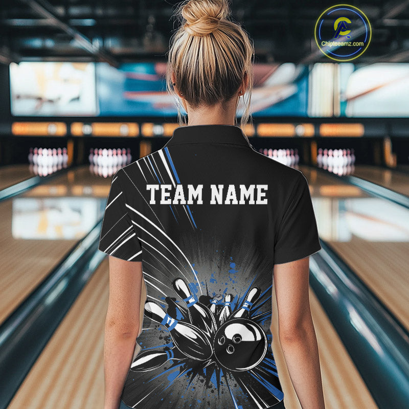 Custom Black And Blue Grunge Bowling Team Jerseys, Women Bowling Polo Shirts IPHW9621