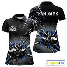 Load image into Gallery viewer, Custom Black And Blue Grunge Bowling Team Jerseys, Women Bowling Polo Shirts IPHW9621
