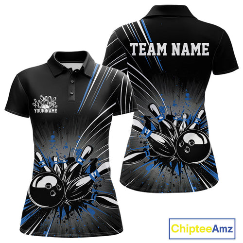 Custom Black And Blue Grunge Bowling Team Jerseys, Women Bowling Polo Shirts IPHW9621