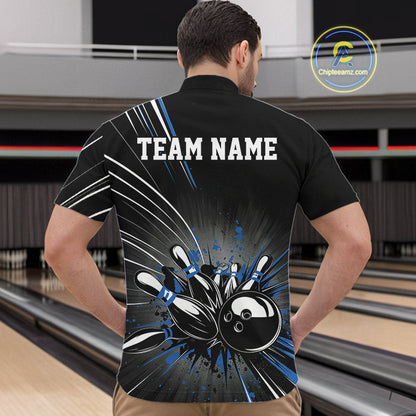Custom Black And Blue Grunge Bowling Team Jerseys, Men Bowling Quarter-Zip Shirts IPHW9621