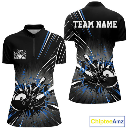 Custom Black And Blue Grunge Bowling Team Jerseys, Women Bowling Quarter-Zip Shirts IPHW9621