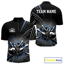 Load image into Gallery viewer, Custom Black And Blue Grunge Bowling Team Jerseys, Men Bowling Quarter-Zip Shirts IPHW9621