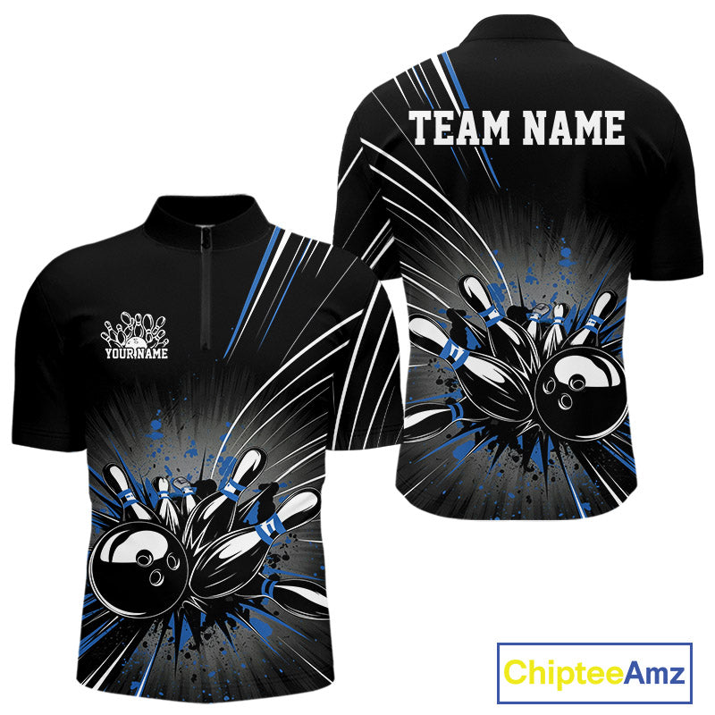 Custom Black And Blue Grunge Bowling Team Jerseys, Men Bowling Quarter-Zip Shirts IPHW9621