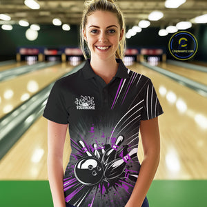 Custom Black And Purple Grunge Bowling Team Jerseys, Women Bowling Polo Shirts IPHW9622