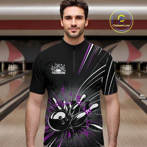 Custom Black And Purple Grunge Bowling Team Jerseys, Men Bowling Quarter-Zip Shirts IPHW9622