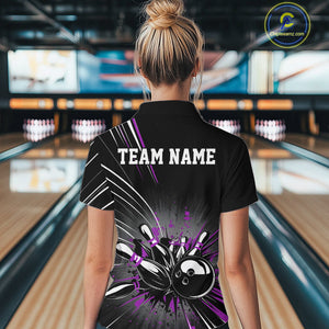 Custom Black And Purple Grunge Bowling Team Jerseys, Women Bowling Quarter-Zip Shirts IPHW9622