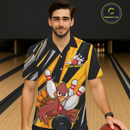 Custom Funny Turkey Men And Women Team Bowling Shirts, Yellow Thanksgiving Bowling Fall Outfits IPHW7661