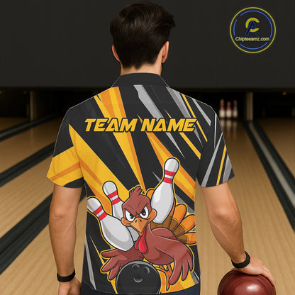 Custom Funny Turkey Men And Women Team Bowling Shirts, Yellow Thanksgiving Bowling Fall Outfits IPHW7661